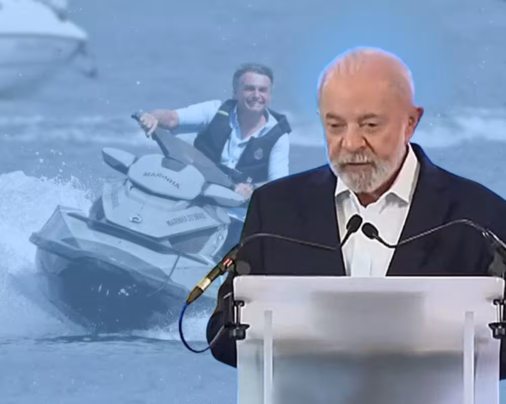 LULA em coletiva a jornalistas em Paris 7.6.2025 | Bolsonaro andando de jet ski - Imagem reprodução