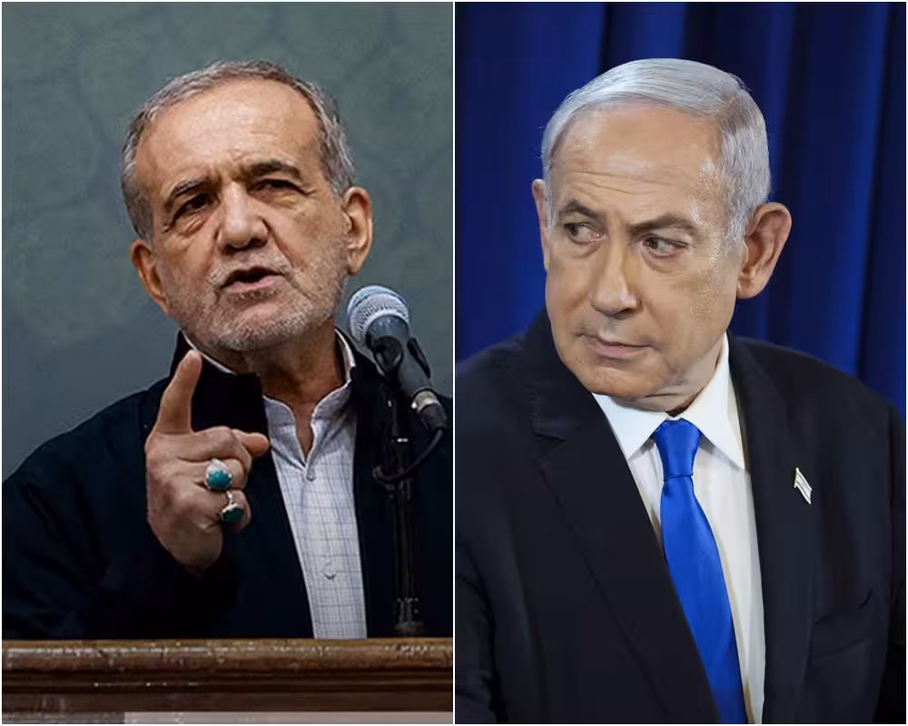 O presidente iraniano, Masoud Pezeshkian - Crédito da imagem: @almammlakatvInstagram | Benjamin Netanyahu, primeiro-ministro de Israel - AP/Abir Sultan