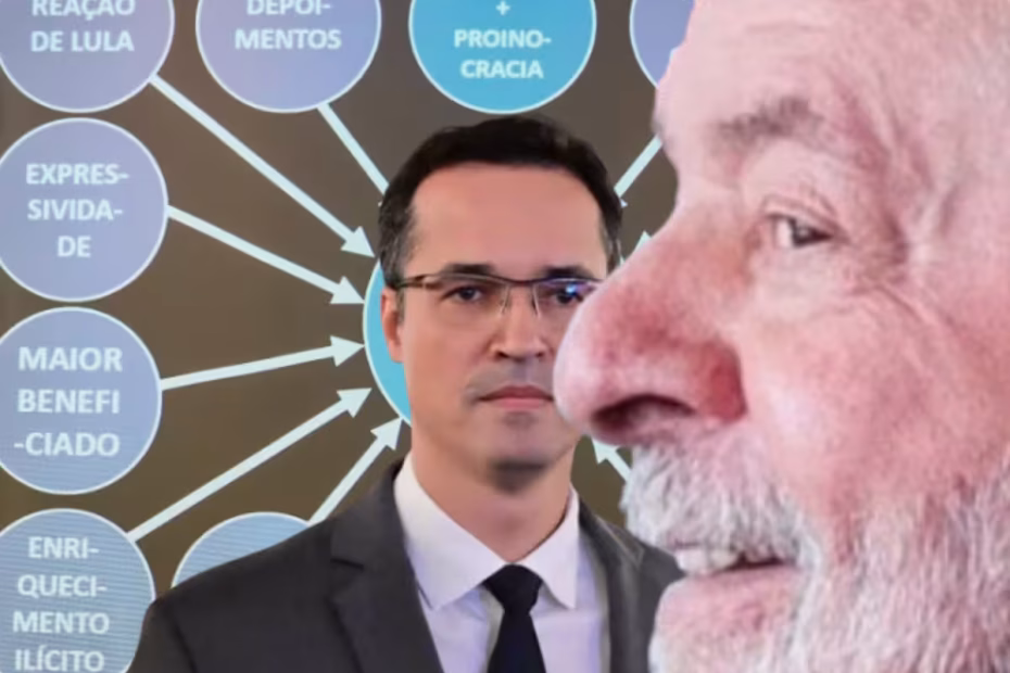 O ex-procurador da Lava Jato de Curitiba e deputado federal cassado Deltan Dallagnol / Foto: Ton Molina/Fotoarena/Estadão Conteúdo | Ao fundo, o famigerado Power Point sensacionalista / imagem reprodução | O Presidente da República Federativa do Brasil, Luiz Inácio Lula da Silva (PT) / Foto: Rafaela Felicciano/Metrópoles