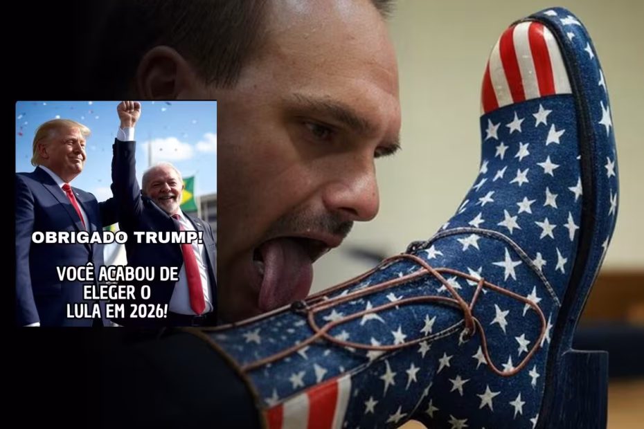 Memes nas redes sociais mostram Eduardo Bolsonaro lambendo uma bota com as cores da bandeira dos EUA. Outra montagem mostra o Presidente Lula ao lado de Donald Trump, com uma mensagem de agradecimento após o decisão do republicano que fez a imagem do estadista brasileiro bombar nas redes