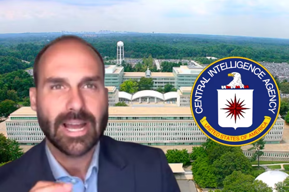 Eduardo Bolsonaro durante live atacando o Brasil - Imagem reprodução | Ao fundo, a sede da CIA e, à direita, o logo do serviço secreto dos EUA