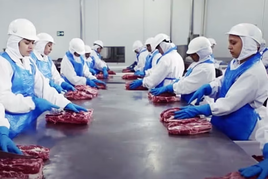 Funcionários durante atividade na Marfrig / Imagem reprodução/YouTube/Marfrig