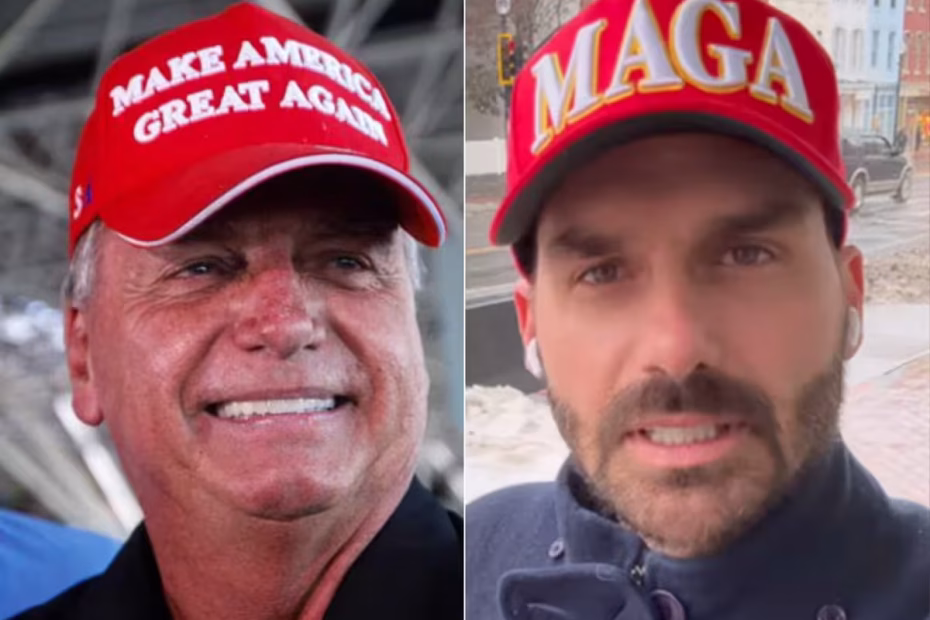 Jair Bolsonaro usa boné com slogan de Donald Trump / Foto: Brenno Carvalho / Agência O Globo | Eduardo Bolsonaro usa boné de campanha Faça a América Grande Novamente, do presidente dos EUA / Imagem reprodução