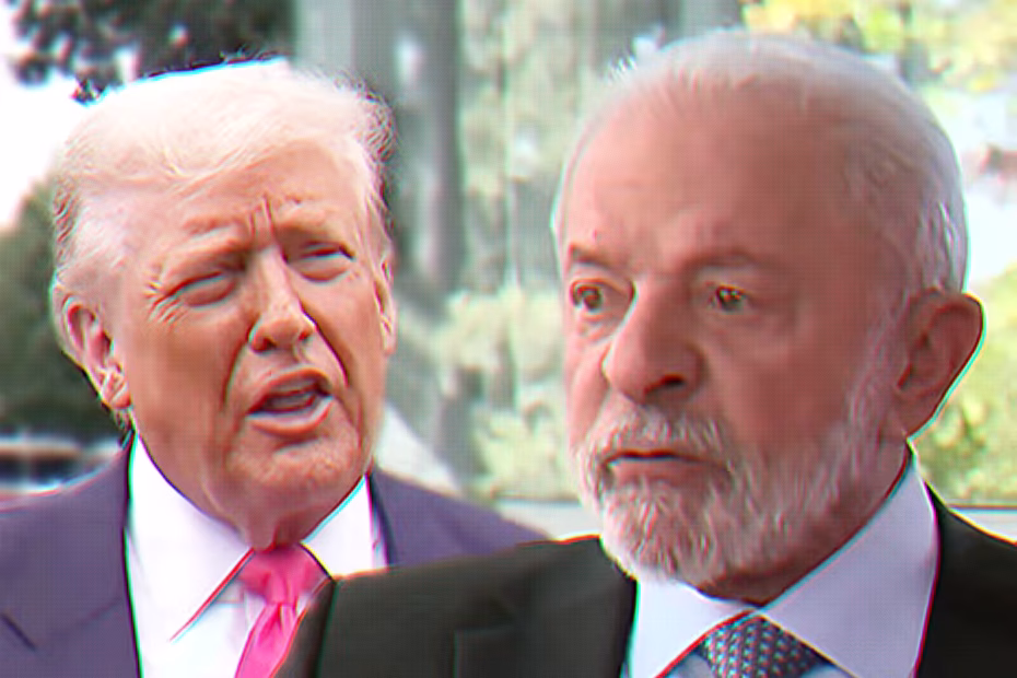 O presidente dos EUA, Donald Trump, durante entrevista a jornalista |15.7.2025| Imagem reprodução | O Presidente Luiz Inácio Lula da Silva (PT) é entrevistado pela Record News |10.7.2025| Imagem reprodução