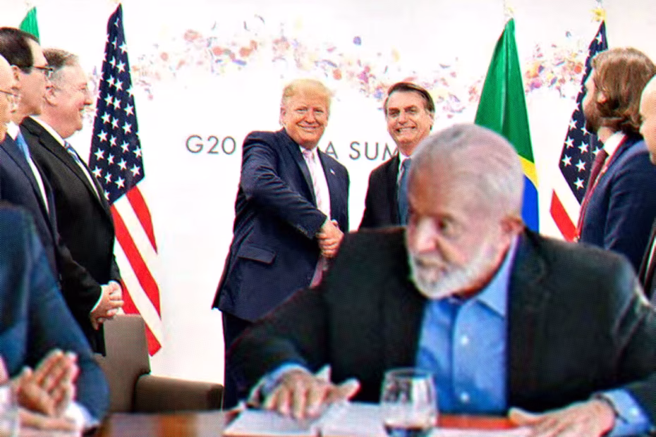 O Presidente Lula e alguns de seus ministros em 2023 / Foto de Ricardo Stuckert | Donald Trump e Jair Bolsonaro durante encontro em 2019 / Foto de Shealah Craighead/White House