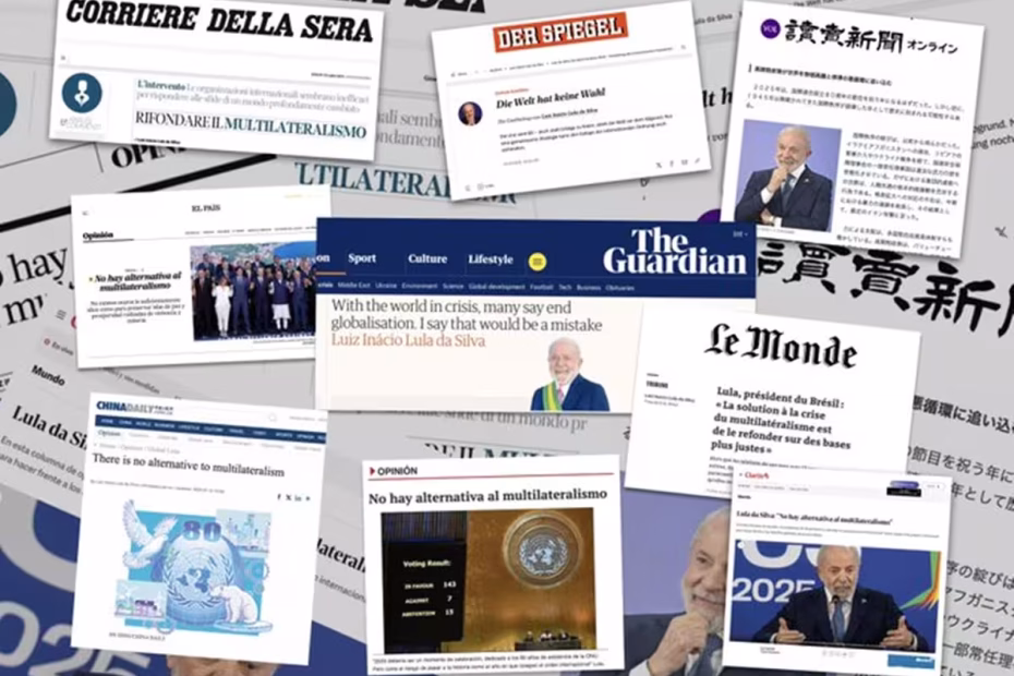 Montagem mostra jornais que publicaram artigo do Presidente Lula em resposta ao tarifaço de Trump | Imagem reprodução/@LulaOficial/X