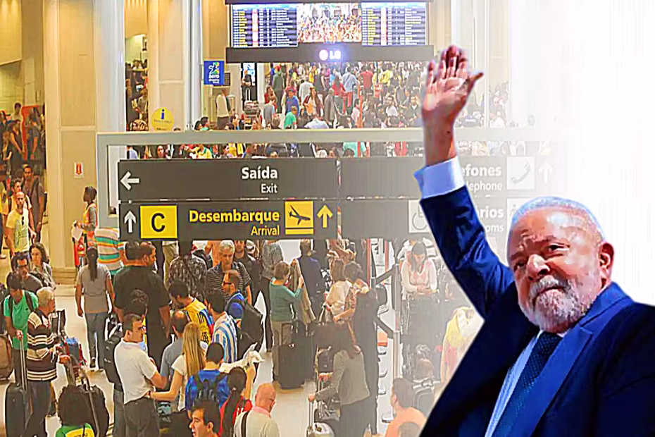 O Presidente Lula durante a posse acena para o público |1.1.2023| Foto: Ricardo Stuckert | Ao fundo, o aeroporto de Congonhas, em São Paulo, lotado | Foto Tânia Rego/Agência Brasil