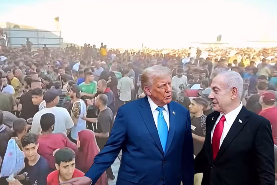 O Presidente dos EUA, Donald Trump, e o primeiro-ministro de Israel, Benjamin Netanyahu - Ao fundo, palestinos em Gaza reunidos em busca de ajuda humanitária - imagens reprodução