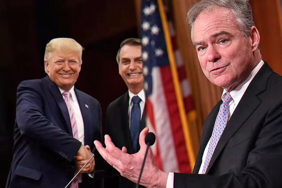 O senador estadunidense democrata Tim Kaine discursa no Capitólio dos EUA em Washington, DC, |13.2.2020| Foto: Mandel Ngan/AFP/Getty Images | No detalhe, o ex-presidente Jair Bolsonaro e o presidente dos EUA, Donald Trump, na ocasião da visita do então presidente brasileiro ao republicano | Foto de Alan Santos