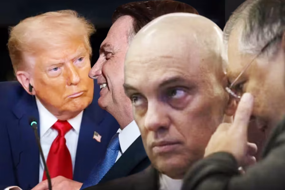 O Presidente dos EUA, Donald Trump / Foto: EPA/Shutterstock | O ex-presidente Jair Bolsonaro / Foto: Alan Santos | Os ministros do STF, Alexandre de Moraes e Flávio Dino / Foto: Cristiano Mariz/O Globo