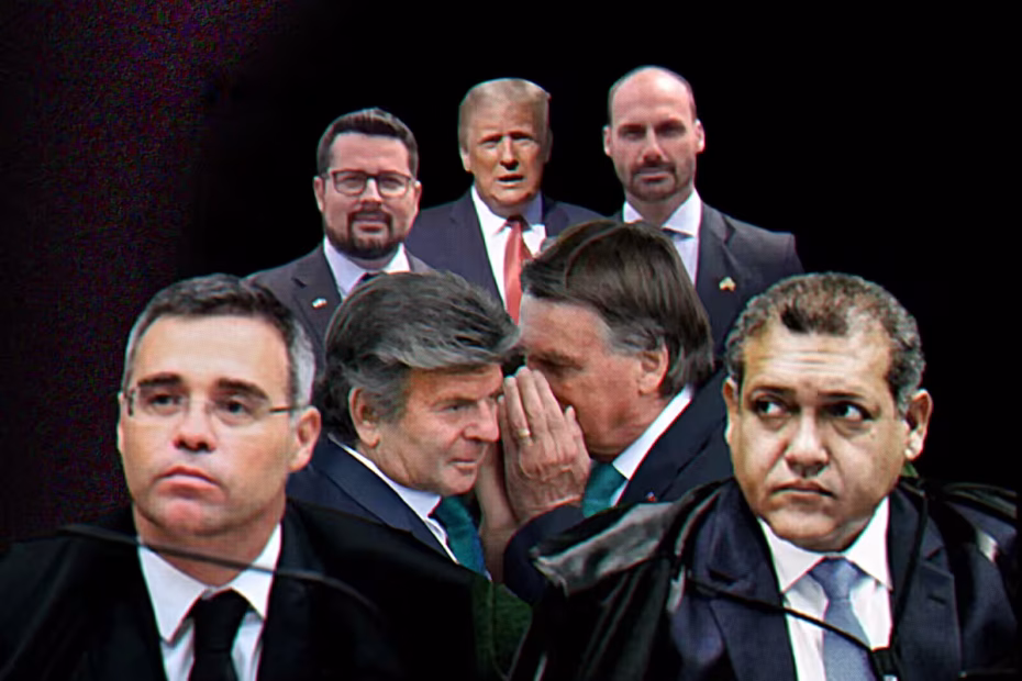 O presidente dos EUA, Donald Trump, o influenciador de extrema-direita, Paulo Figueiredo, o deputado Eduardo Bolsonaro, os ministros do STF, André Mendonça, Luiz Fux e Kassio Nunes Marques e Jair Bolsonaro | Montagem
