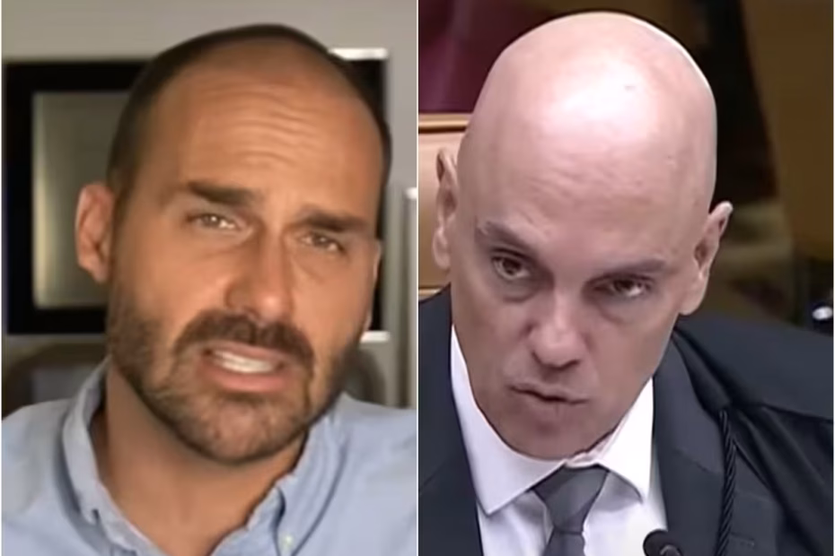 O deputado Eduardo Bolsonaro durante live |20.7.2025| Imagem reprodução YouTube/Eduardo Bolsonaro | O ministro do STF Alexandre de Moraes durante audiência na Corte | Imagem reprodução/Youtube/TV Justiça