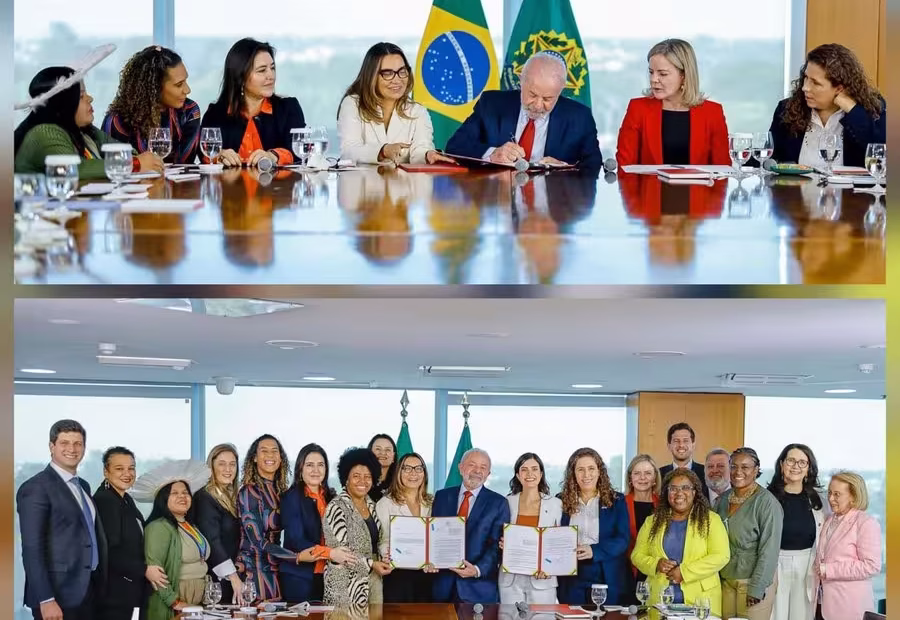 Lula com ministras e a deputada Tábata Amaral durante evento no Palácio do Planalto |23.7.2025| Foto: Ricardo Stuckert