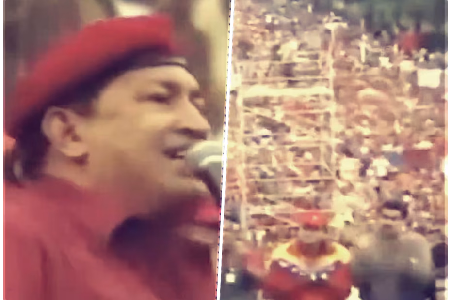 Ainda vice-presidente, Nicolás Maduro (canto inferior á direita) aplaude seu presidente Hugo Chaves (esquerda) quando ele reage à ameaça dos EUA de invadir a Venezuela dizendo que "temos culhões" | Imagens reprodução