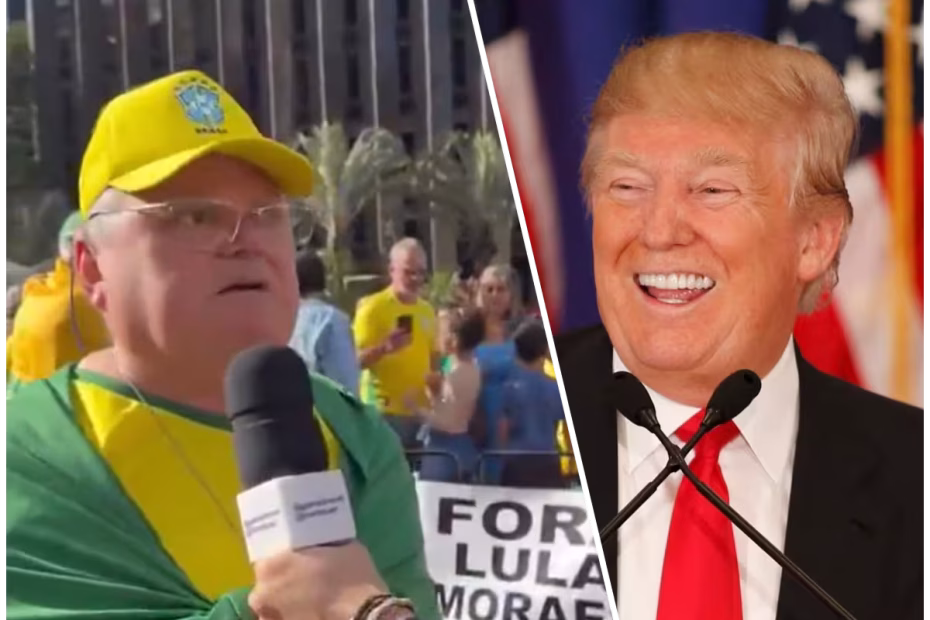 Bolsonarista sem noção durante atos em favor do ex-presidente concede entrevista / Imagem reprodução | O presidente dos EUA, Donald Trump, durante seu primeiro governo, sorri / Imagem reprodução redes sociais