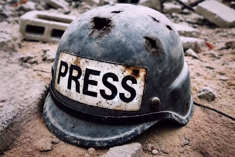 Capacete de jornalista com perfurações a bala entre os escombros dos prédios bombardeados por Israel na Faixa de Gaza | Crédito pchrgaza.org