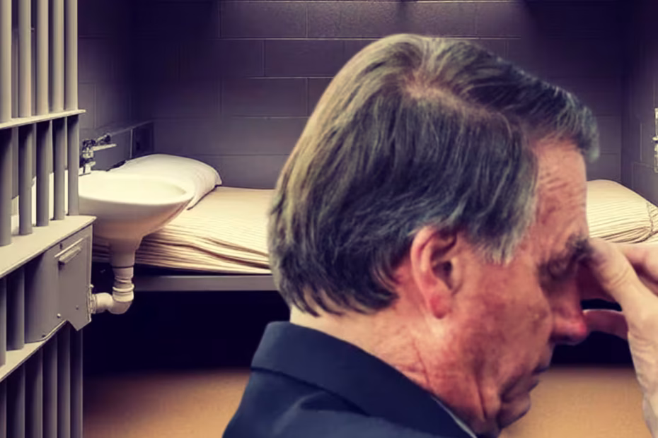 O ex-presidente Jair Bolsonaro durante julgamento no STF | Ao fundo, uma cela de presídio / imagem reprodução/redes sociais | Montagem