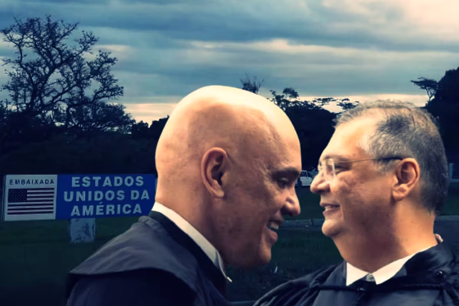 Embaixada dos EUA no Brasil / Foto: Flávio Francisco Barbosa Almeida/Google | Os ministros do STF Flávio Dino e Alexandre de Moraes / Foto: Igo Estrela/Metrópoles | Sobreposição de imagens