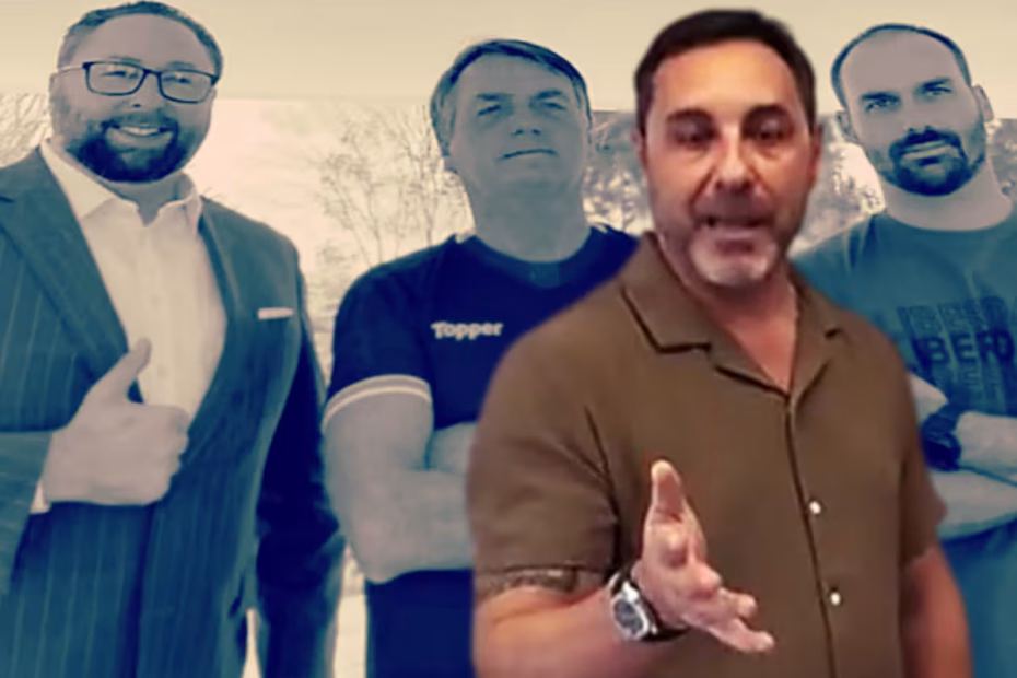 O advogado e jornalista ítalo-brasileiro, residente nos EUA, Fernando Boscardin | Imagem reprodução de vídeo/Instagram | Ao fundo, o conselheiro do presidente dos Estados Unidos, Donald Trump, Jason Miller, o ex-presidente Jair Bolsonaro e seu filho deputado federal Eduardo Bolsonaro, em foto de 2022 | Sobreposição de imagens