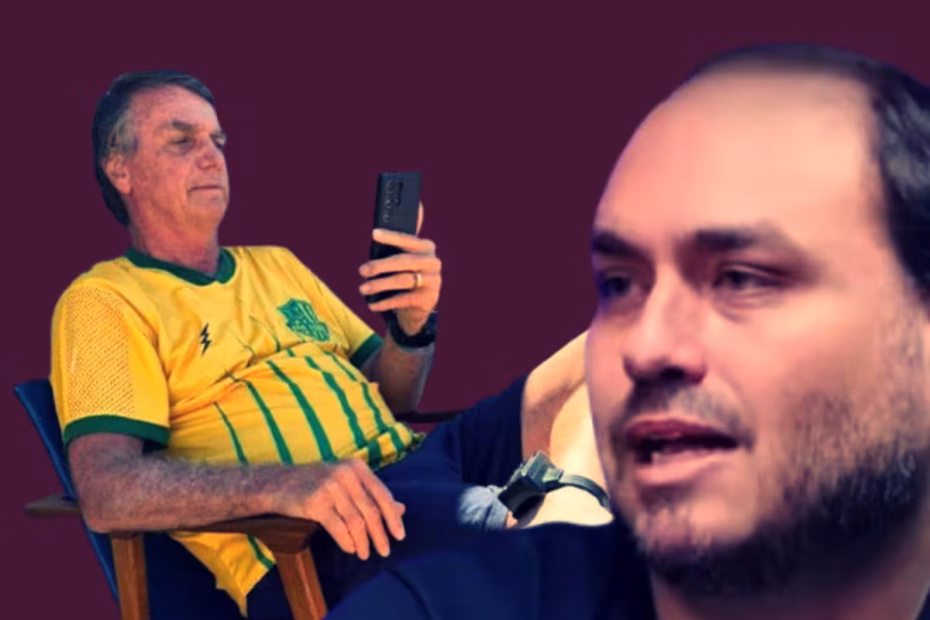 O ex-presidente Jair Bolsonaro acompanha os protestos de domingo (3/ago) por meio de um celular, na sua residência no Jardim Botânico, em Brasília / Divulgação/Assessoria | Carlos Bolsonaro durante entrevista ao programa 'Pod Atualizar' / imagem reprodução