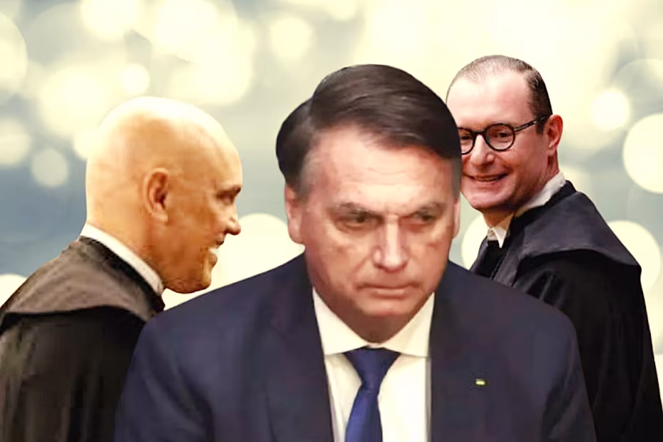Os ministros do STF, Alexandre de Moraes e Cristiano Zanin ao fundo, com o ex-presidente Jair Bolsonaro em primeiro plano | Sobreposição de imagens