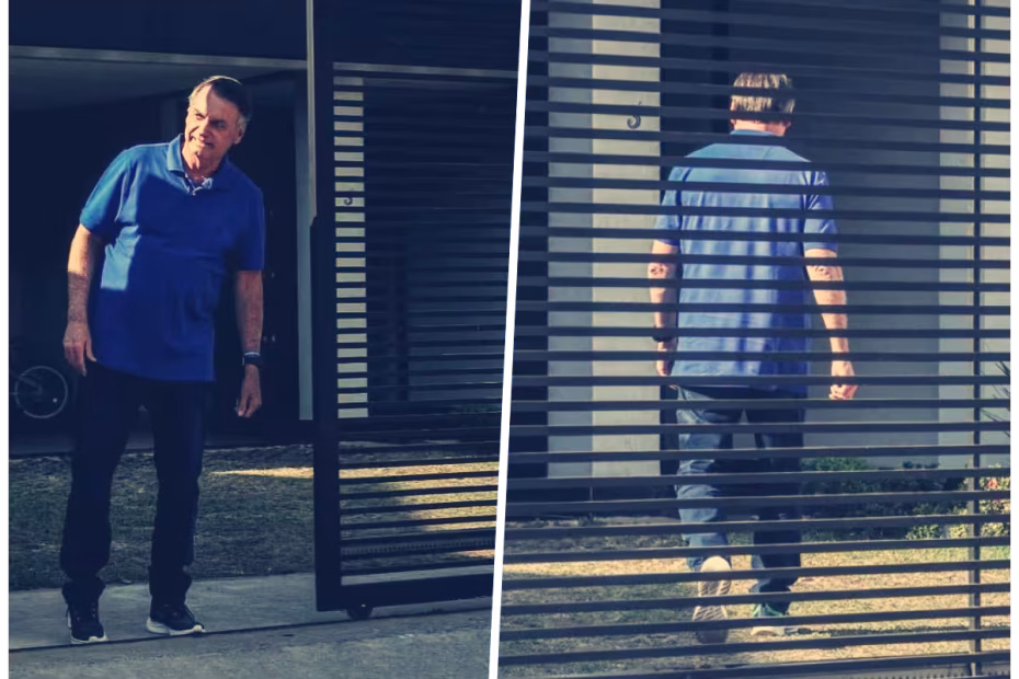 O ex-presidente Jair Bolsonaro é flagrado abrindo o portão de sua residência/prisão para observar o movimento no condomínio |27.8.2025| Imagem reprodução/redes sociais