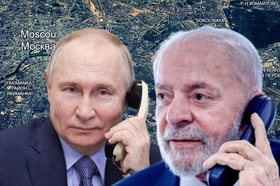O presidente da Rússia, Vladimir Putin, ao telefone / Foto: Gavriil Grigorov/TASS | O Presidente da República Federativa do Brasil, Luiz Inácio Lula da Silva (PT), durante ligação telefônica / Foto: Ricardo Stuckert/PR