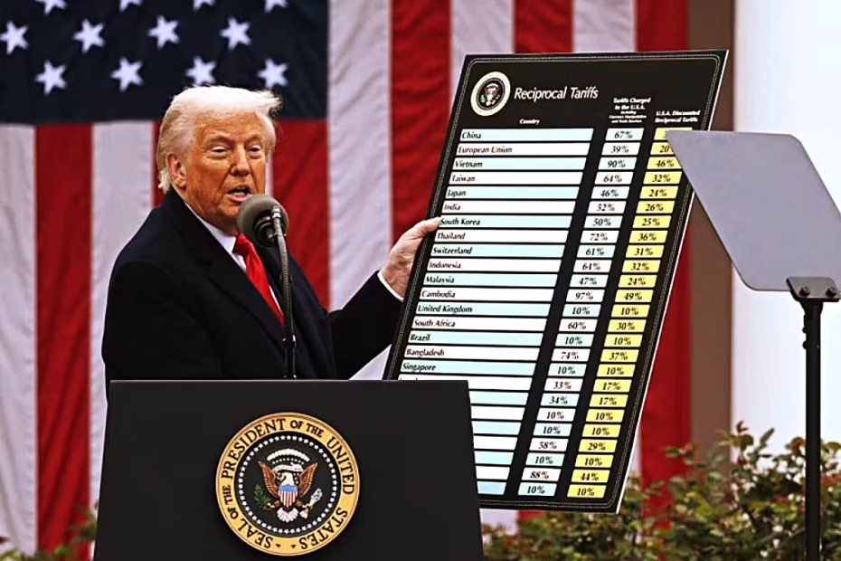O Presidente dos EUA Donald Trump segurando a primeira tabela de taxação aos países, quando o Brasil constava na lista com 10% | Imagem reprodução