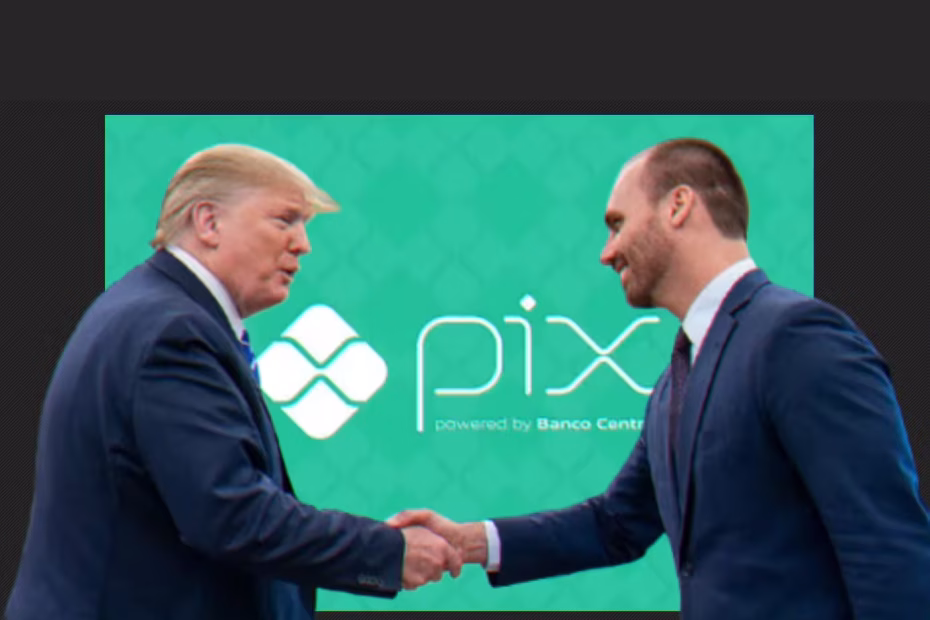 O presidente dos Estados Unidos, Donald Trump, e o deputado federal Eduardo Bolsonaro (PL-SP) / Imagem reprodução/redes sociais | Ao fundo, a cor e logo do PIX, modo de transferência monetária e de pagamento eletrônico instantâneos oferecido pelo Banco Central do Brasil a pessoas físicas e jurídicas, que funciona 24 horas ininterruptamente / Imagem reprodução/Banco Central do Brasil