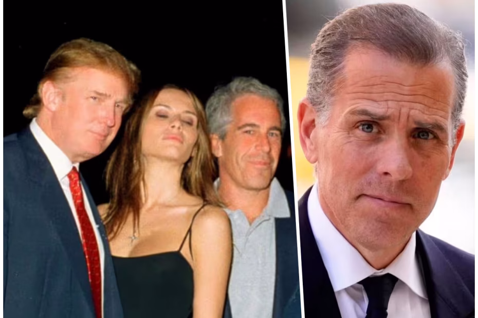 Donald Trump, Melania Trump e Jeffrey Epstein durante um evento social. O presidente dos EUA tinha uma relação de proximidade com o financista acusado de tráfico sexual de menores, que morreu na prisão em 2019 |  Hunter Biden, filho do ex-presidente Joe Biden / imagens reprodução redes sociais