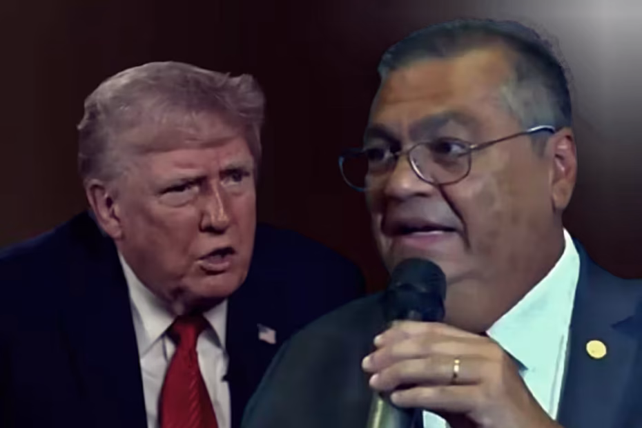 Donald Trump em entrevista à NBC News / Imagem reprodução/NBC News | Flávio Dino em coletiva exibida também pela GloboNews / Imagem reprodução/GloboNews