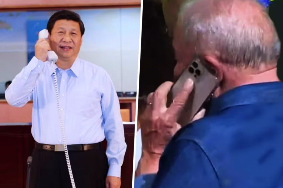 Xi Jinping com um telefone de mesa branco / Imagem reprodução redes sociais | O presidente Lula em seu telefone celular / Foto: Ricardo Stuckert