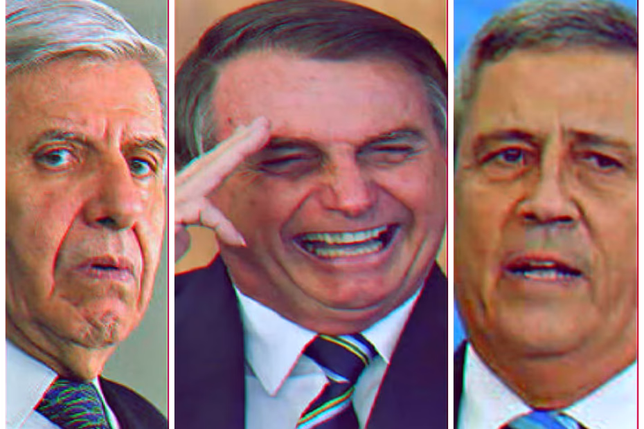 Painel: Os generais da reserva, à esquerda Augusto Heleno (ex-ministro do Gabinete de Segurança Institucional, condenado a 21 anos), e à direita Walter Braga Netto (ex-ministro da Casa Civil, condenado a 26 anos), ladeiam o ex-presidente Jair Bolsonaro (capitão da reserva condenado a 27 anos e 3 meses de prisão) / Imagens reprodução redes sociais