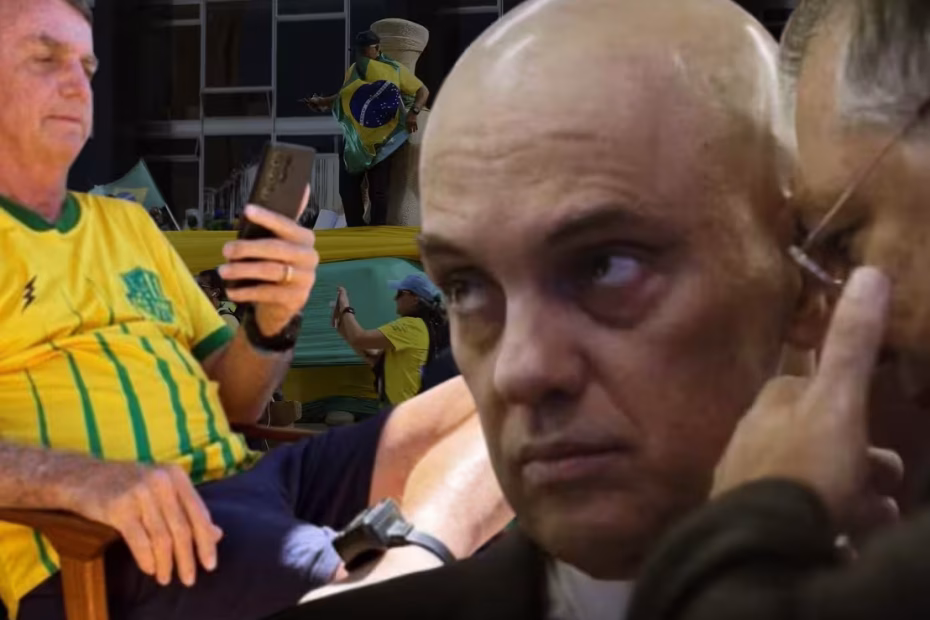 Montagem: Ex-presidente JAIR BOLSONARO assiste do celular manifestações em seu favor durante sua prisão domiciliar em que é visto usando tornozeleira eletrônica / Imagem divulgação | Os ministros ALEXANDRE DE MORAES e FLÁVIO DINO / Foto: Cristiano Mariz / Ao fundo, manifestantes bolsonaristas golpistas terroristas atuam no 8 de Janeiro em frente à estátua do STF