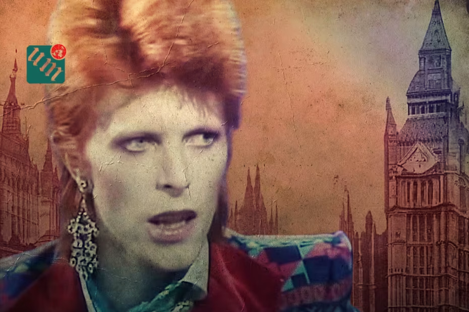 O cantor, compositor, ator e produtor musical britânico DAVID BOWIE durante entrevista em 1973 / Imagem reprodução | Ao fundo, Londres da década de 1800