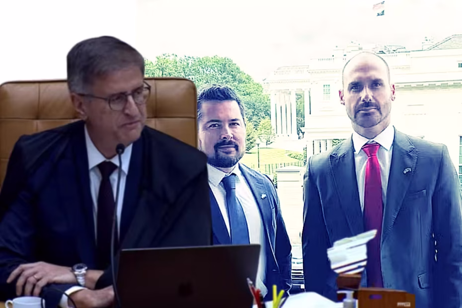 O Procurador-Geral da República, PAULO GONET, durante sessão no SFT / Imagem reprodução | Ao fundo, PAUO FIGUEIREDO e EDUARDO BOLSONARO após uma reunião na Casa Branca / Imagem reprodução/X