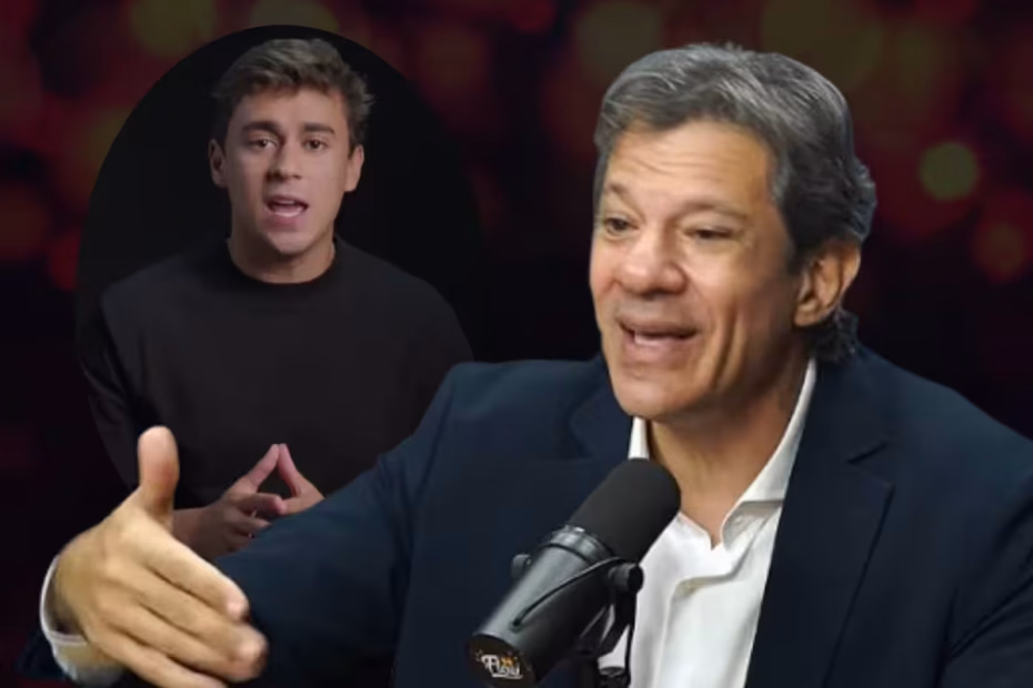 O ministro da Fazenda, Fernando Haddad, durante participação no programa Flow Podcast |7.3.2025| Ao fundo o deputado federal Nikolas Ferreira mente sobre o PIX, em vídeo viral que alcançou milhões de espectadores | Imagens reprodução