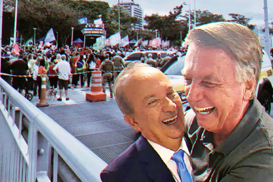 Jorginho Mello e Jair Bolsonaro (Arquivo) | Ao fundo, a Polícia Militar de SC bloqueia ponte em Florianópolis |21.9.2025| imagem reprodução X