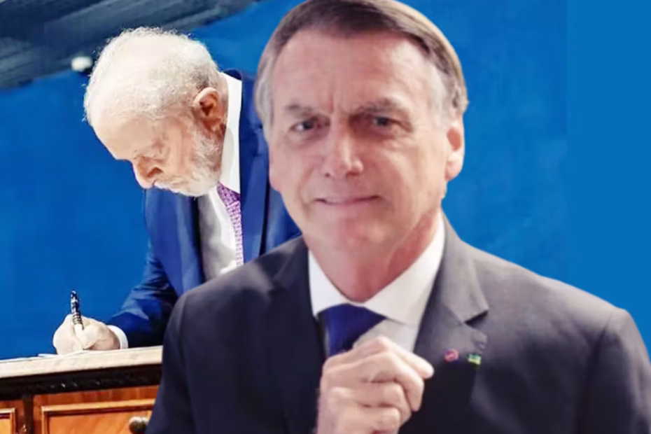 O ex-presidente Jair Bolsonaro mostra no STF uma medalha que recebeu do Exército em 2018, a Medalha do Pacificador com Palma |9.6.2025| Foto: Vinícius Schmidt/Metrópoles | Ao fundo, o Presidente da República Federativa do Brasil, LUIZ INÁCIO LULA DA SILVA (PT), durante evento em 2023 / Imagem reprodução