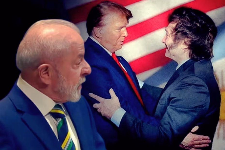 O Presidente do Brasil, o Excelentíssimo Senhor Luiz Inácio Lula da Silva (PT), durante discurso na 80ª Assembleia Geral da ONU |23.9.2025| Imagem reprodução | Os presidentes dos EUA e da Argentina, Donald Trump e Javier Milei se abraçam em uma montagem viral nas redes sociais / Imagem reprodução | Sobreposição de imagens