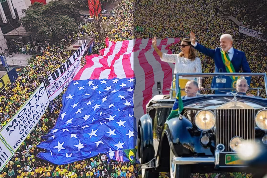 O Presidente Lula e a primeira-dama do Brasil, Rosângela Lula Silva, chegam para o desfile de Sete de Setembro em carro aberto / Foto: Ricardo Stuckert | A Bandeira dos EUA na Avenida Paulista carregada durante ato de bolsonaristas em favor do réu no STF por tentativa de golpe de Estado, Jair Bolsonaro, em pleno feriado do Dia da Independência do Brasil |7.9.2025| Crédito: Agence France-Presse