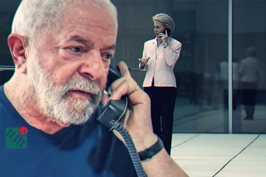 O Presidente do Brasil, Luiz Inácio Lula da Silva (PT), durante telefonema / Foto: Ricardo Stuckert | Ursula von der Leyen usa seu smartphone, em 2019 / Foto: Sean Gallup/Getty Images [Montagem/Arte/UrbsMagna]