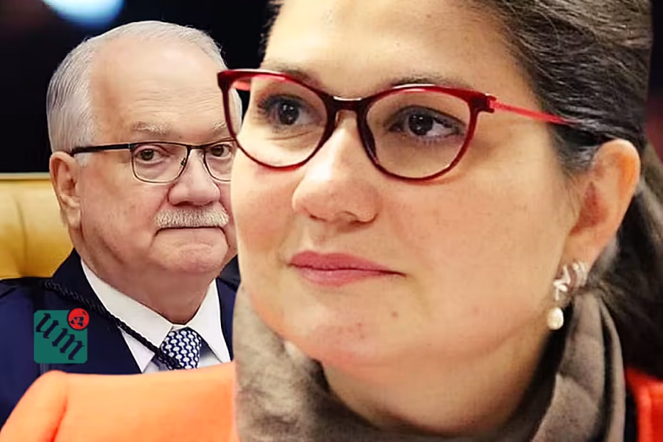 A advogada e diretora do Setor de Ciências Jurídicas da UFPR, MELINA FACHIN, filha do ministro do STF, Edison Fachin / Foto reprodução/Jornal Plural Curitiba | Ao fundo, o magistrado, seu pai, em Sessão plenária do STF / Foto: Ton Molina/STF