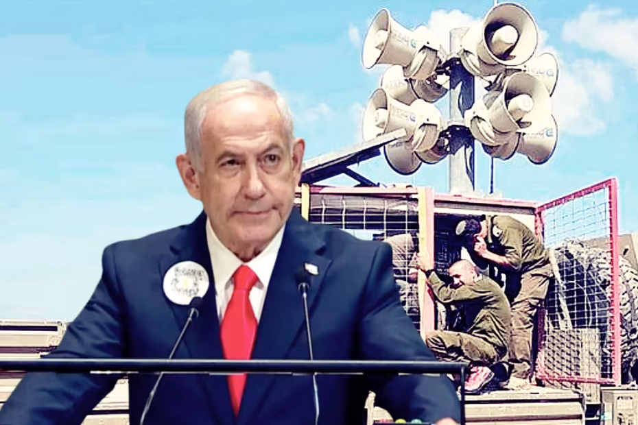Benjamin Netanyahu discursa na 80ª Assembleia Geral da ONU |26.9.2025 | Um carro com alto-falantes em Gaza | Sobreposição de imagens reprodução