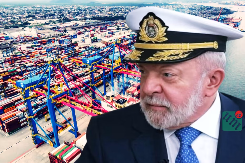 O porto de Santos (SP) em imagem invertida / Reprodução | O Presidente Lula usa um quepe de Comandante da Marinha / Imagem de IA / Sobreposição de Imagens