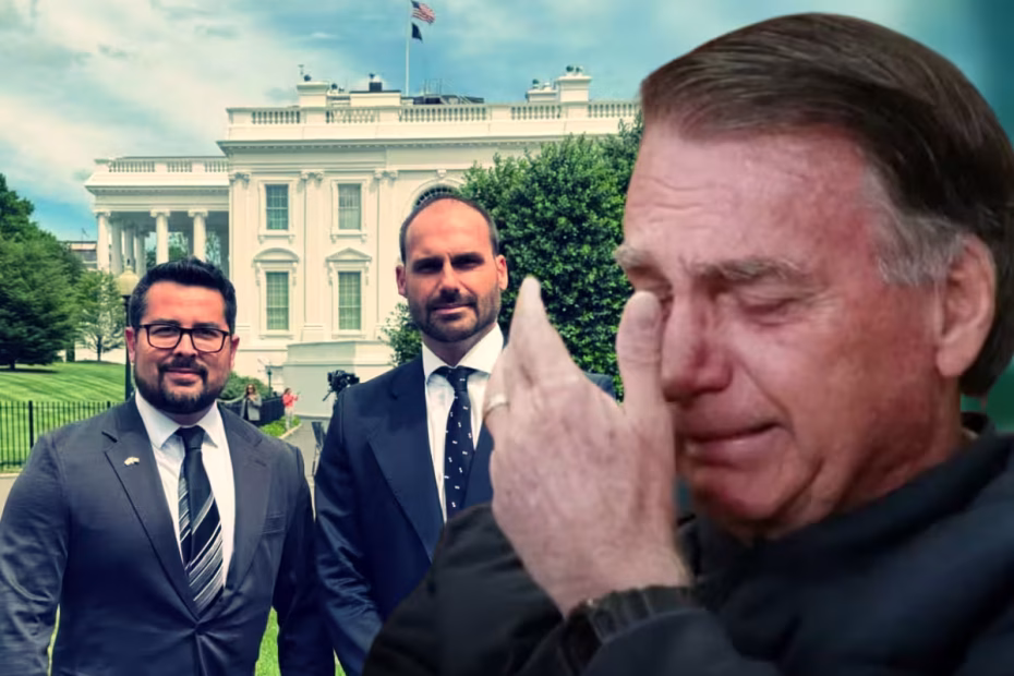 O blogueiro brasileiro de extrema-direita Paulo Figueiredo e o deputado federal Eduardo Bolsonaro em Washington / Imagem reprodução redes sociais | O ex-presidente Jair Bolsonaro chora ao participar de culto evangélico em Taguatinga, região administrativa de Brasília |24.7.2025| Foto: Cristiano Mariz/O GLOBO
