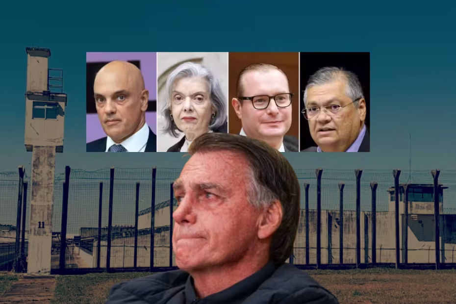 Primeira Turma do STF, com Alexandre de Moraes, Cármen Lúcia, Cristiano Zanin e Flávio Dino - O ex-presidente Jair Bolsonaro chorando - O complexo penitenciário da Papuda