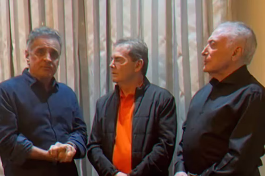 O deputado federal Aécio Neves (PMDB), seu homólogo Paulinho da Força (Solidariedade) e o ex-presidente Michel Temer (MDB) durante encontro em 18.9.2025 | Imagem reprodução via g1