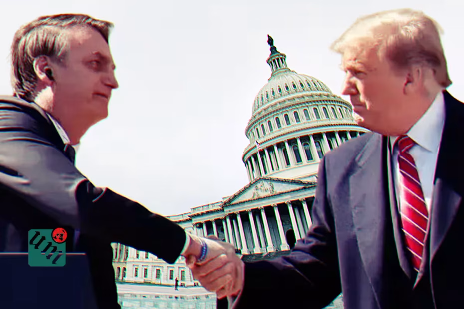 O ex-presidente Jair Bolsonaro, hoje condenado a mais de 27 anos de prisão por tentativa de golpe de Estado, aperta a mão do presidente dos EUA, Donald Trump, durante as primeiras gestões de ambos | Ao fundo, o Capitólio / Imagem reprodução/Google