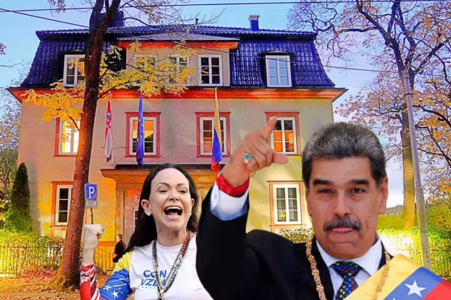 María Corina Machado / Foto: AFP/Arquivos | A Embaixada da Venezuela em Oslo após ser fechada em 13 de outubro / Foto: Fredrik Varfjel/AFP/Getty Images | O presidente venezuelano Nicolás Maduro / Foto: Leonardo Fernandez Viloria/Reuters | Montagem